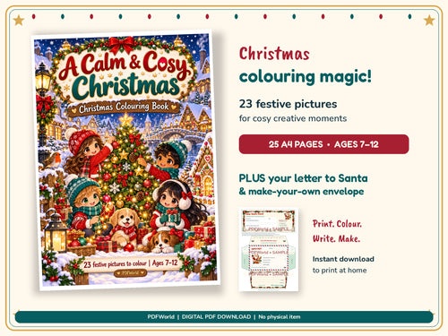 Christmas colouring book cover with 25-page printable PDF and Santa letter