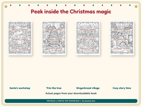 Actual black-and-white Christmas colouring pages from the printable book