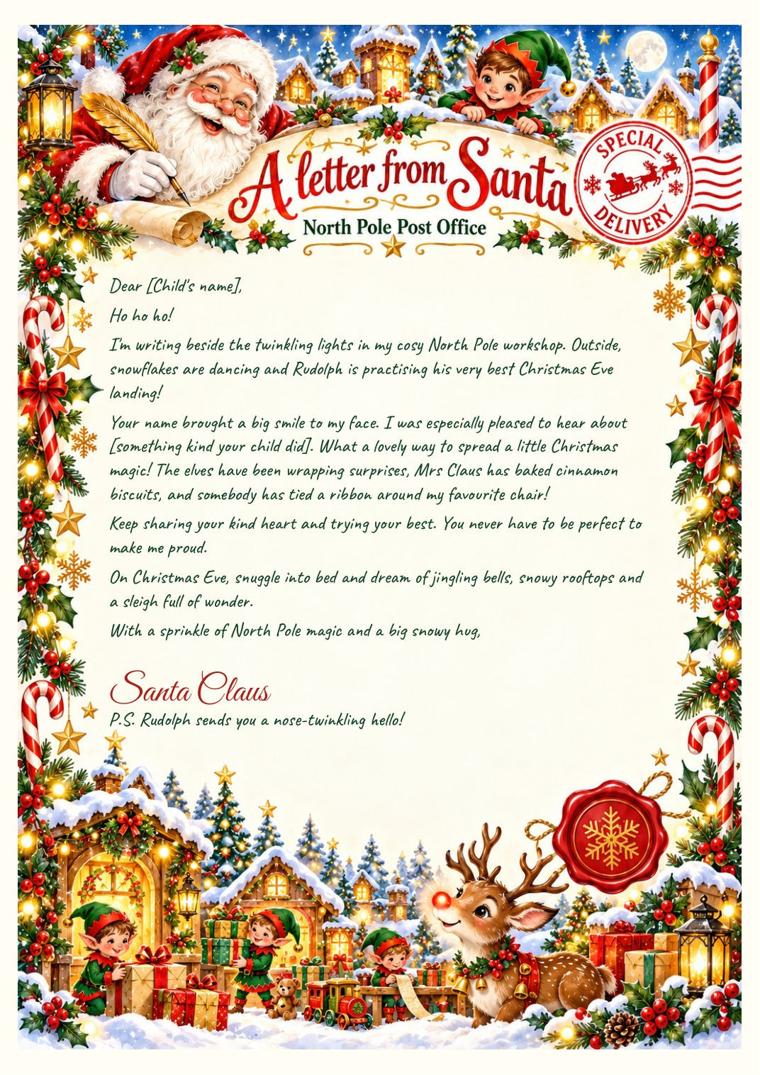 Nice List letter from Santa: personalised editable PowerPoint Christmas letter, festive North Pole workshop artwork.