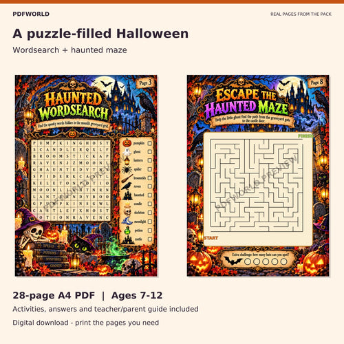 Wordsearch + haunted maze - real inside-page previews from Halloween Fun & Frights, a 28-page printable PDF for ages 7-12.