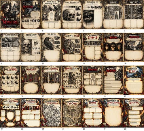 Preview of all 28 pages in the Gothic Monsters premium printable workbook