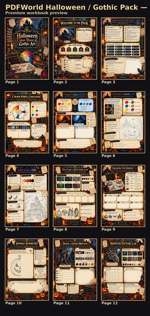 Preview of pages 1 to 12 from the PDFWorld Halloween Colour Theory and Gothic Art premium 24-page pack