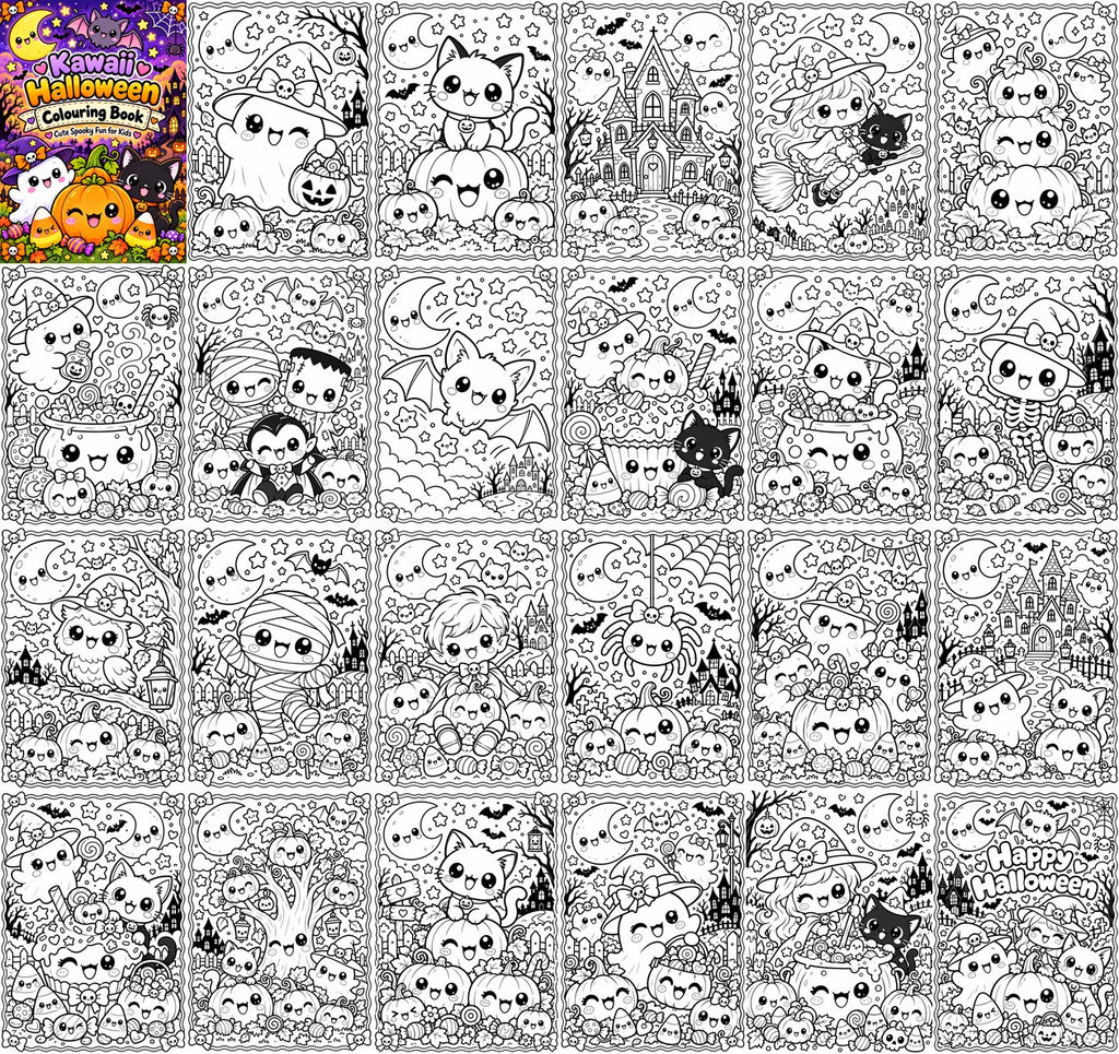 Preview of all 24 pages in the Kawaii Halloween Colouring Book