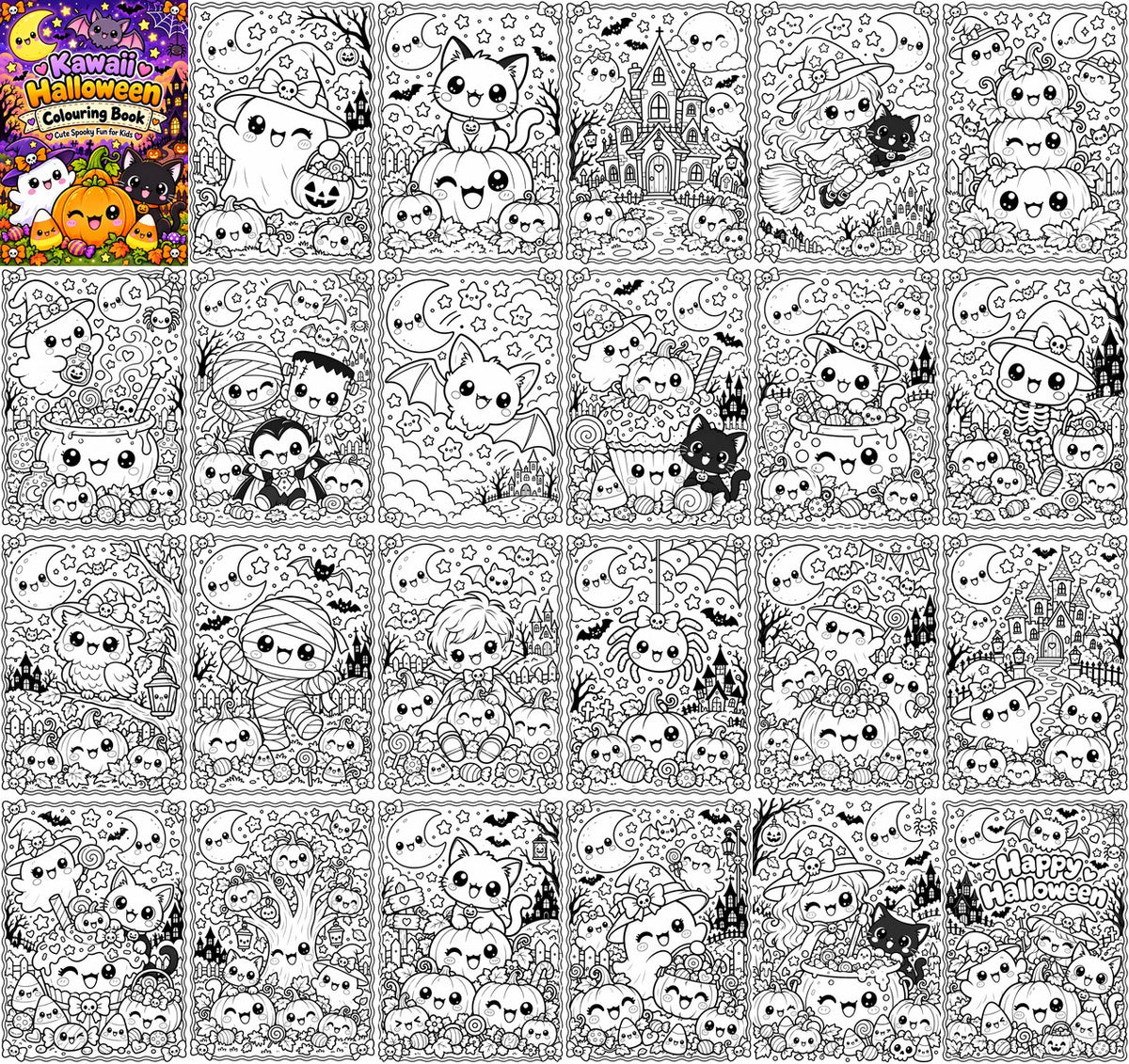 Preview of all 24 pages in the Kawaii Halloween Colouring Book