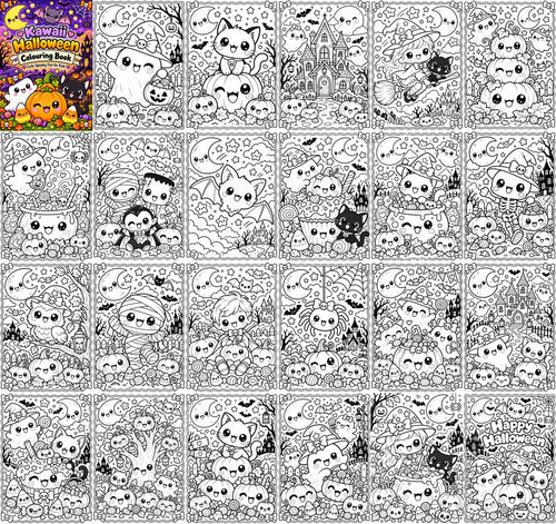 Preview of all 24 pages in the Kawaii Halloween Colouring Book