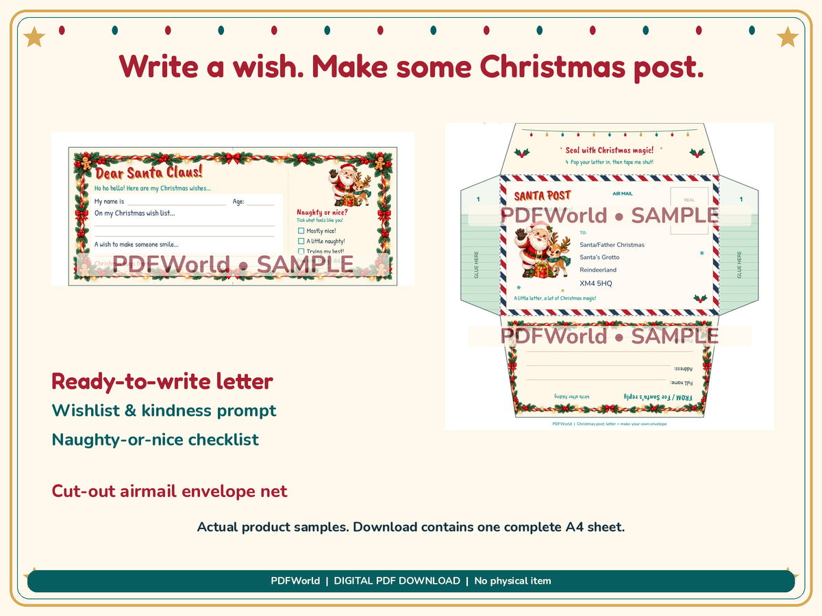 Details of the ready-to-write Santa letter and fold-up airmail envelope