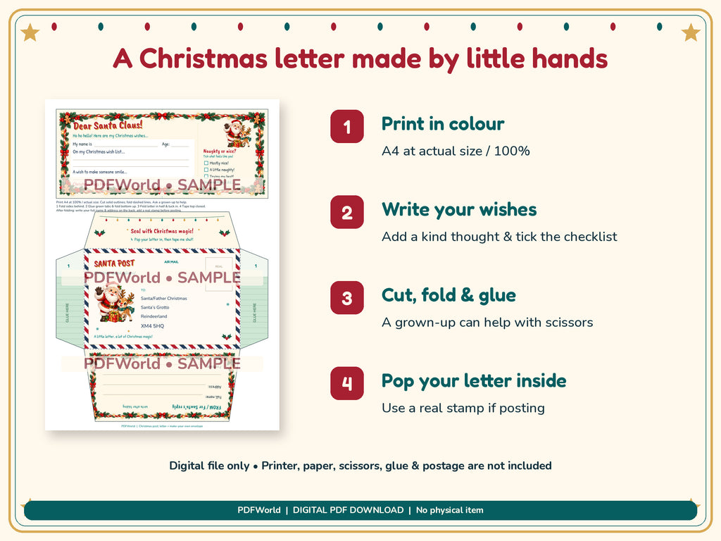 How to print at actual size, cut, fold and assemble the Santa envelope